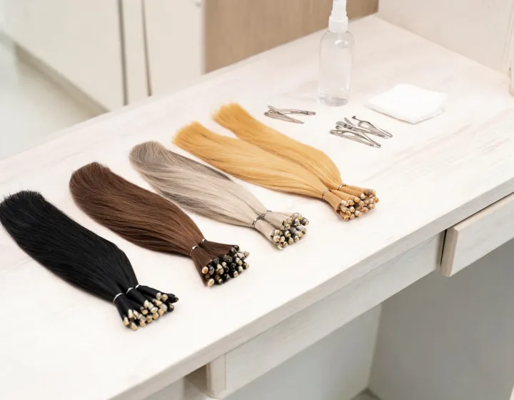 keratin hair extensions wholesale on a cosmetics bench, illustration only